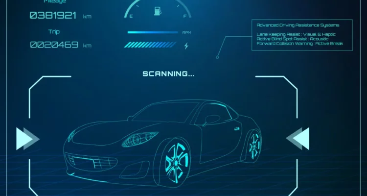 A vehicle head-up display scanning a car and reporting advanced driver assistance status