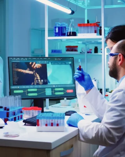 A laboratory scientist examining a blood sample beside analysis screens
