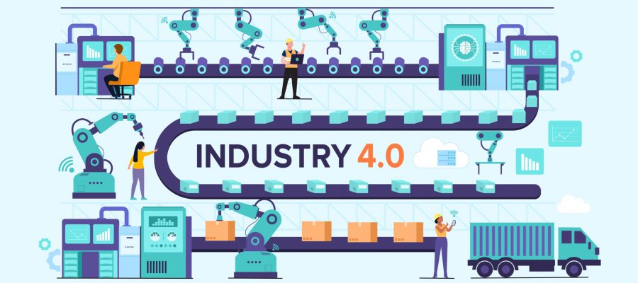 working person using wireless technology to control. For workflow With clever device. infographic of industry 4.0 concept. Vector illustration